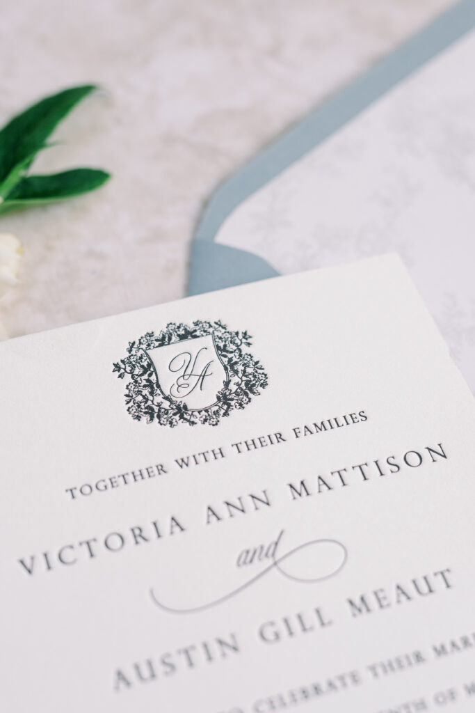 Ordered wedding invitation letterpress monogram crest 