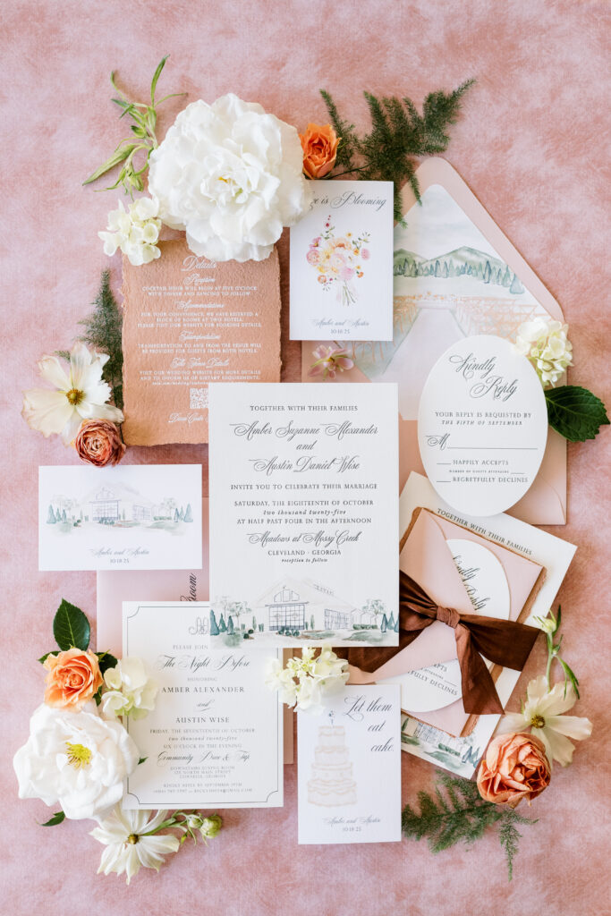 Custom fall wedding stationery in Georgia featuring terracotta, brown and pink hues