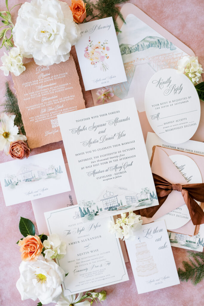 Custom fall wedding stationery in Georgia featuring terracotta, brown and pink hues