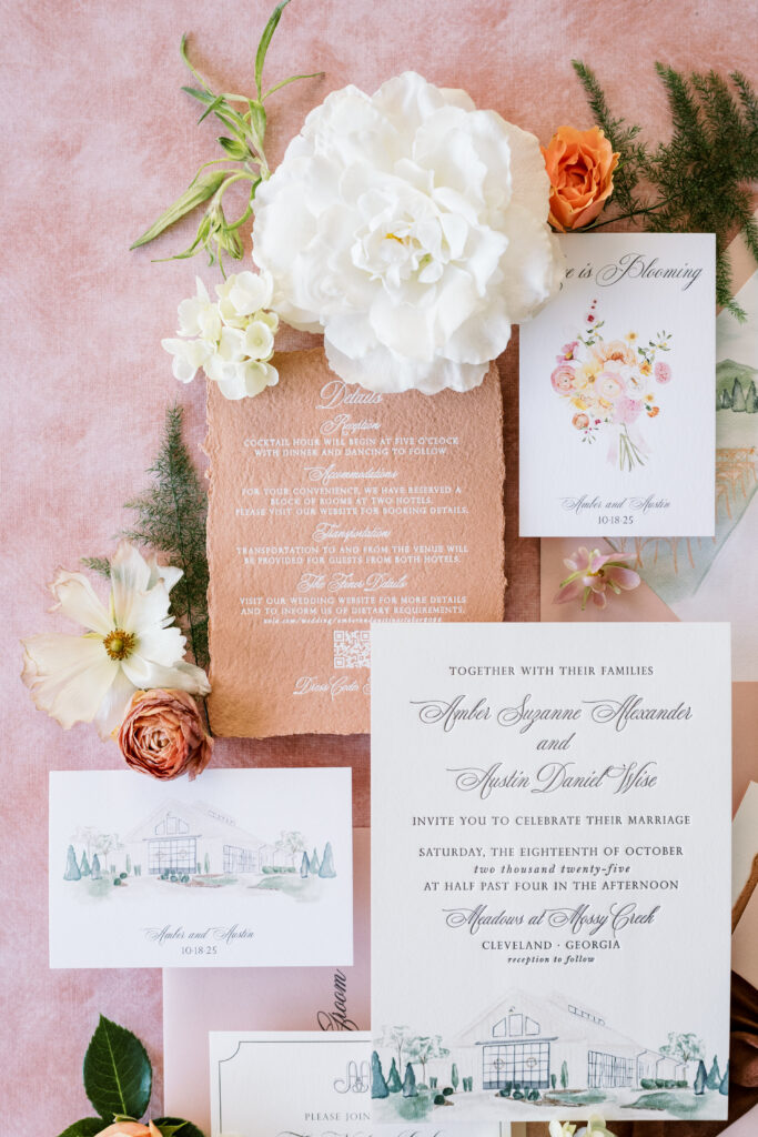 Terracotta and blush fall wedding invitation suite in Georgia