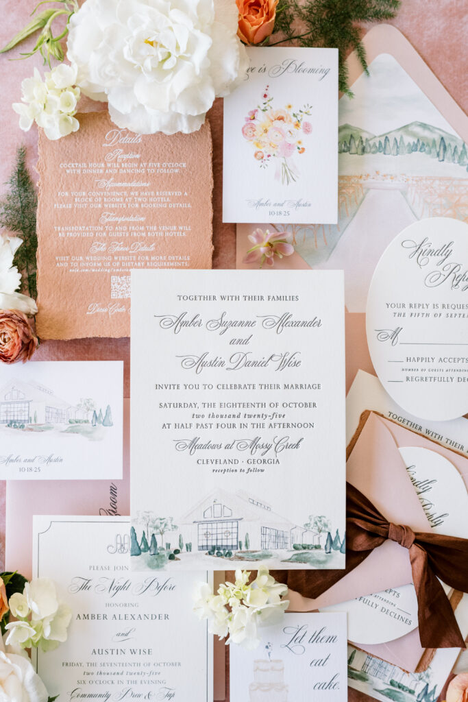 Terracotta and blush fall wedding invitation suite in Georgia