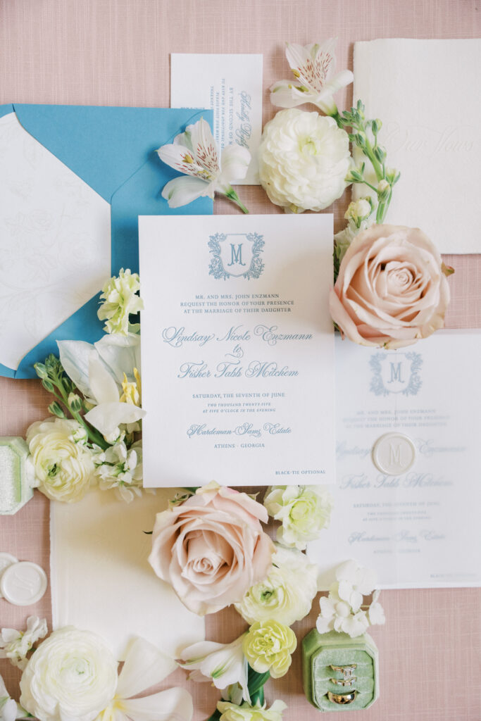 Pearl monogram wax seal on Southern wedding invitation