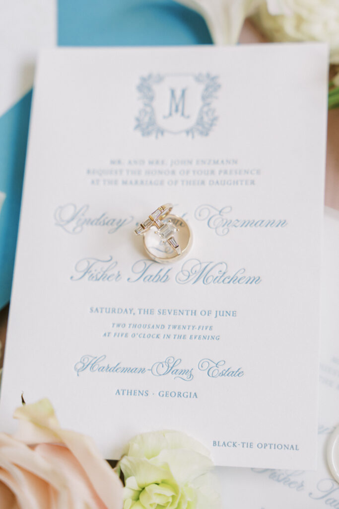 Hardeman-Sams Estate wedding invitation with line art crest