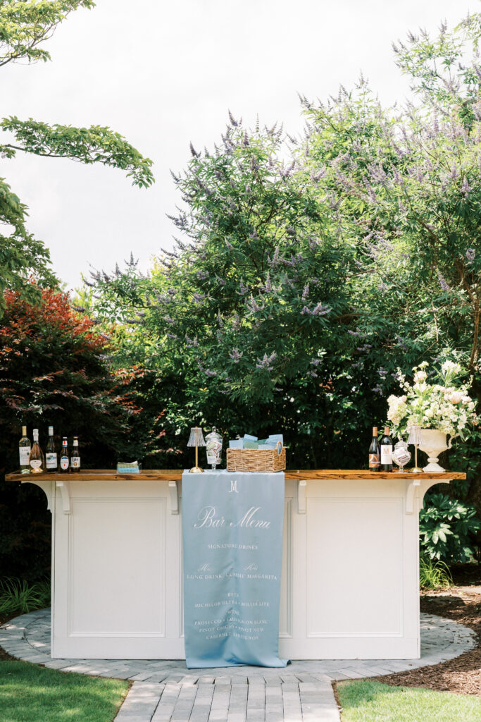 Blue fabric bar menu at Hardeman-Sams Estate wedding