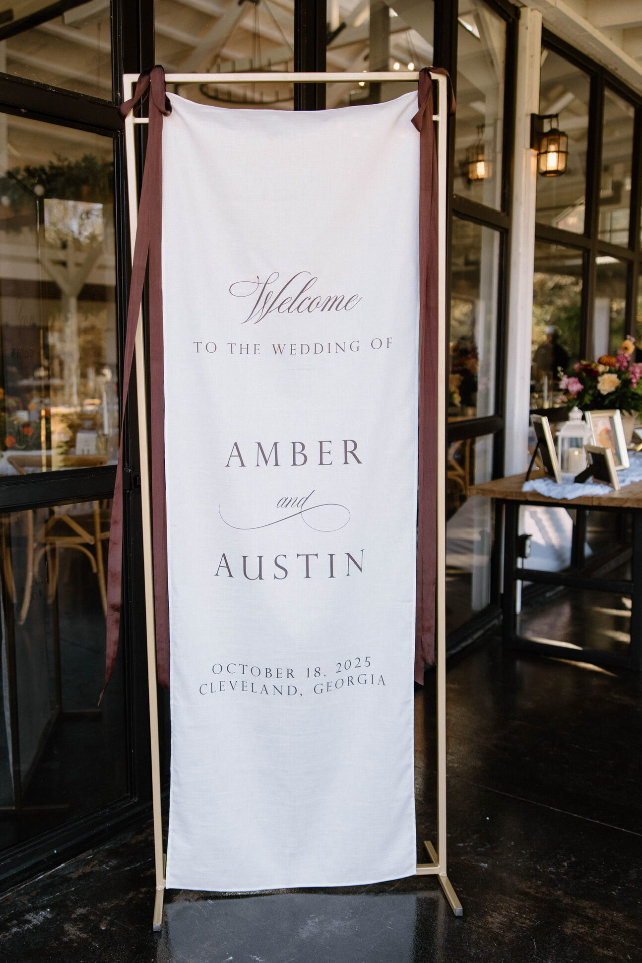 Linen welcome sign for fall Georgia wedding