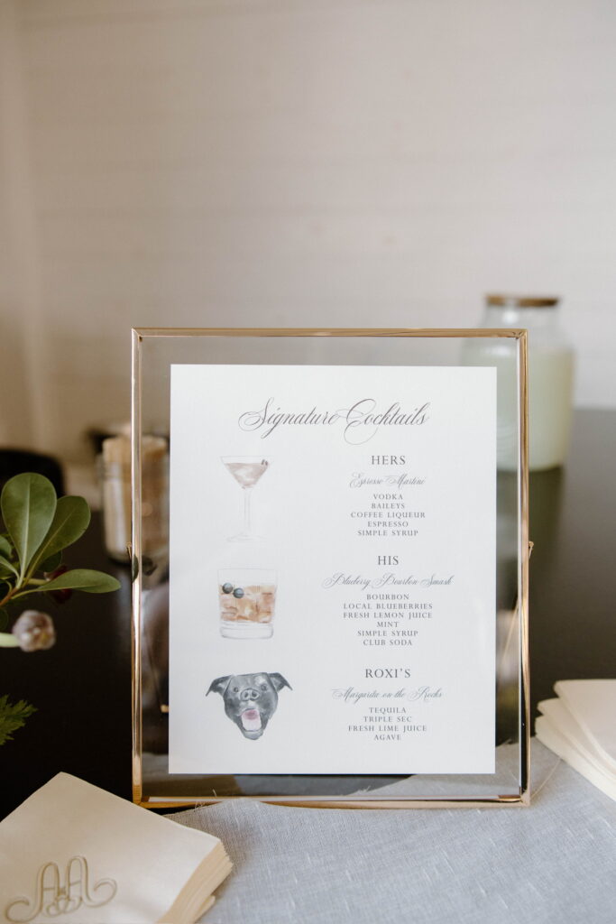 Custom wedding bar menu for Meadows at Mossy Oak reception