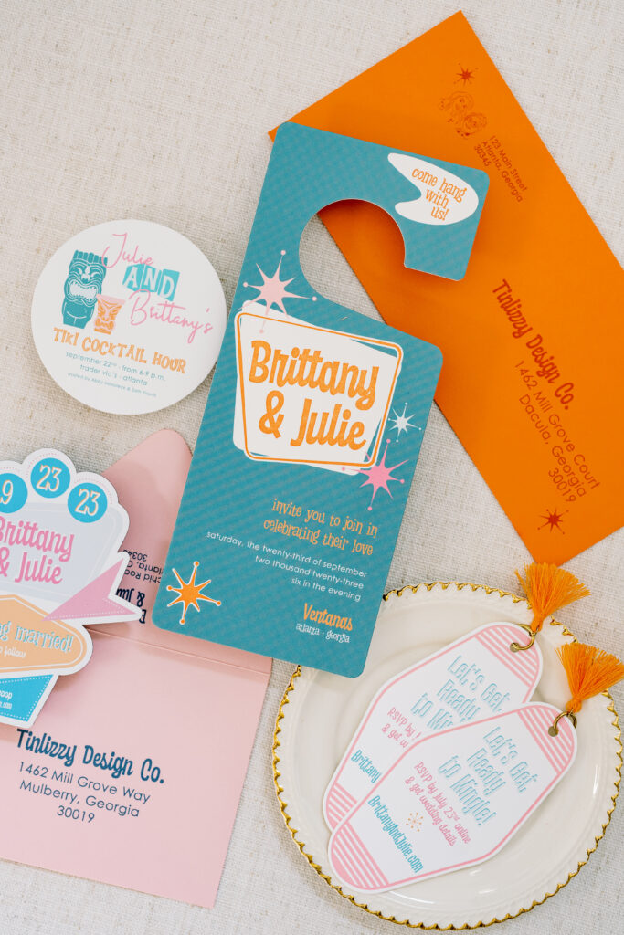 retro motel themed wedding invitations with letterpress printing in atlanta