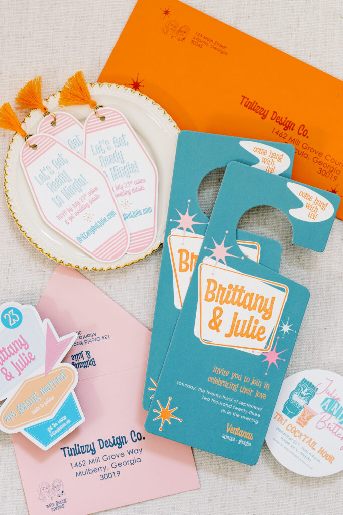 mid century inspired wedding invitation suite for colorful wedding