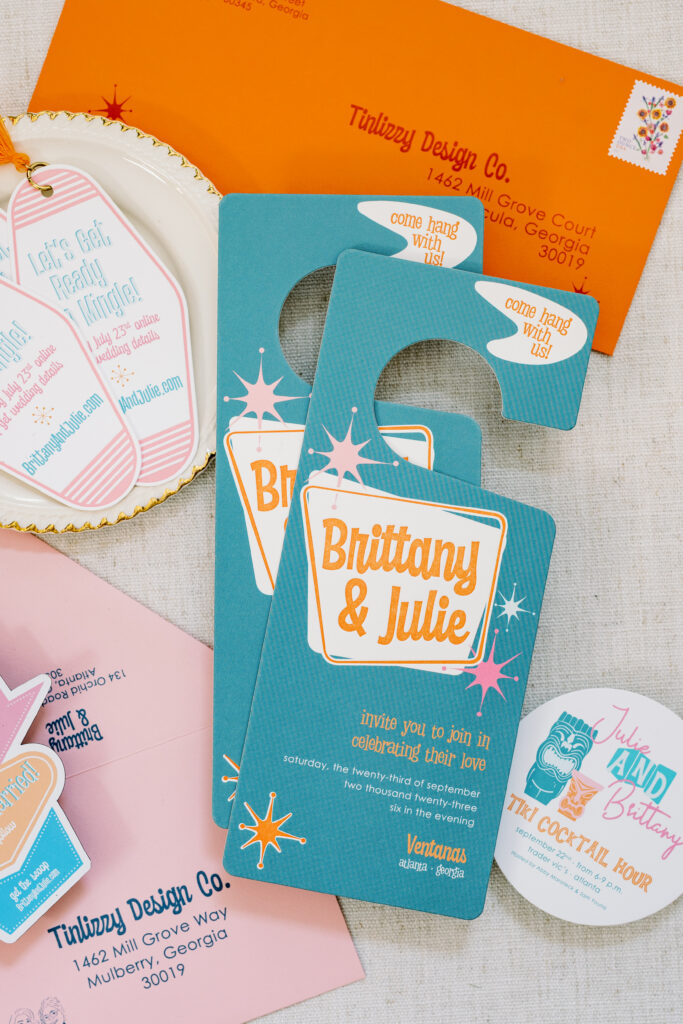 retro motel themed wedding invitations with letterpress printing in atlanta