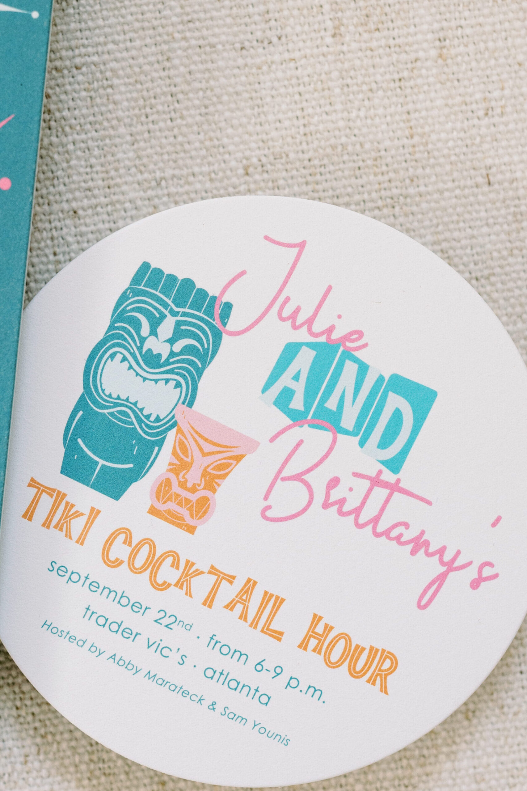 tiki themed coaster invitation for atlanta wedding welcome party