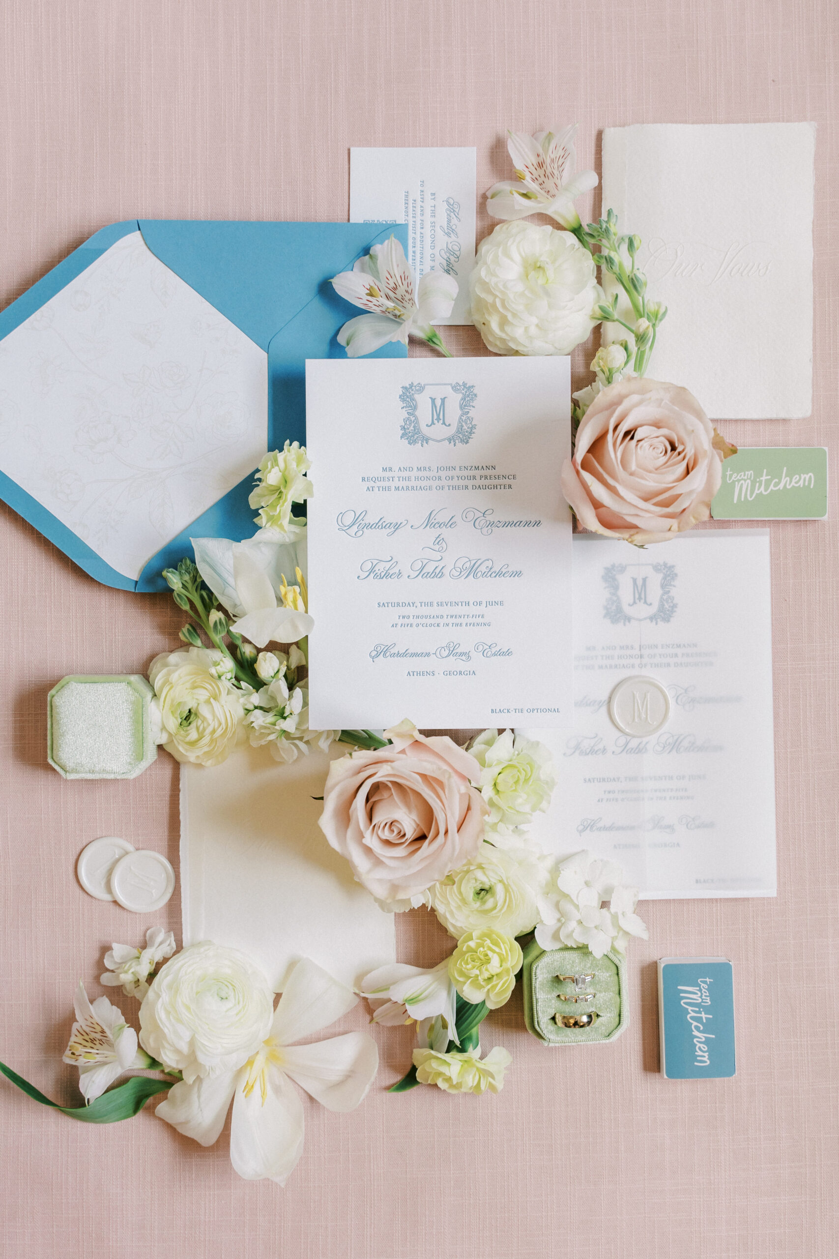 Hardeman-Sams Estate wedding invitation with line art crest