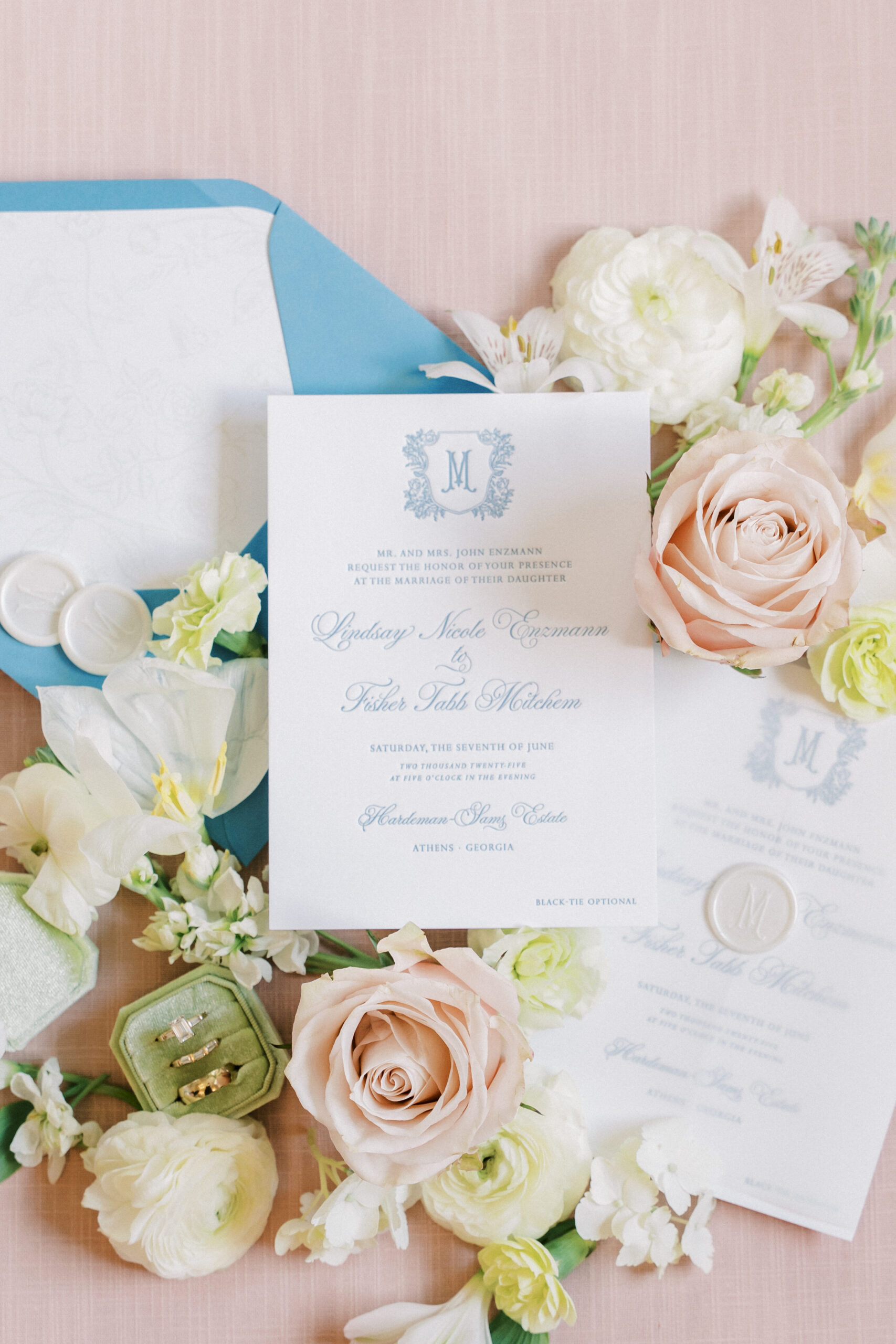 Letterpress wedding invitation with sage toile pattern