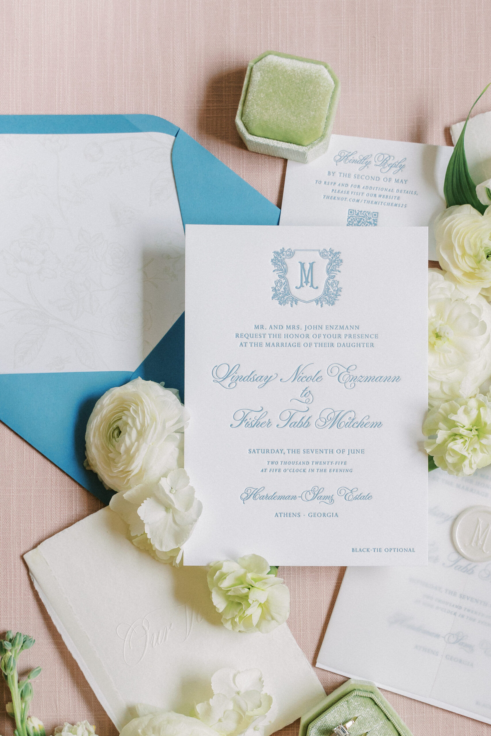 Mid blue and blush wedding invitation suite in North Georgia